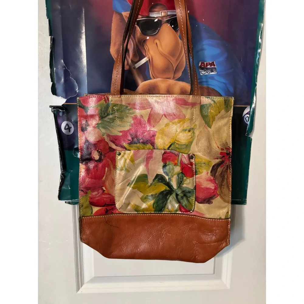 Patricia Nash Italian Leather Floral Tote Bag Cognac Brown Hand Painted Shopper